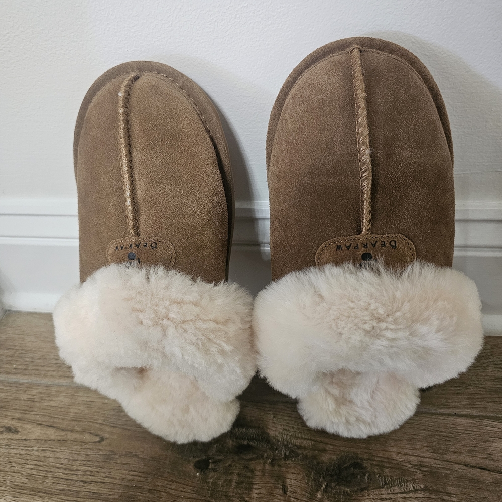 Bearpaw Brown Suede Slippers with Cream Fur Lining